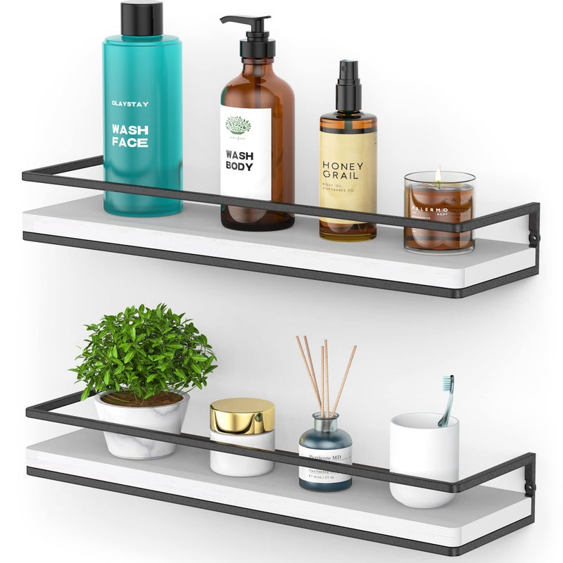Meangood Floating Shelves Wall Mounted Set of 2, Rustic Wood Wall Storage Shelves for Bedroom,Living Room,Bathroom, Kitchen (White) - Image 1